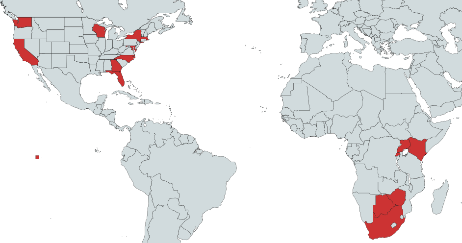 Styled map showing location of UCLA, University of Wisconsin Madison, and Frontier Science Foundation